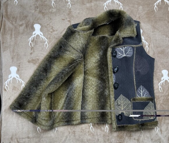 Robert Kitchen Canada VEST Leaves Faux Fur Women's Size L Blue Reversible - Picture 7 of 8